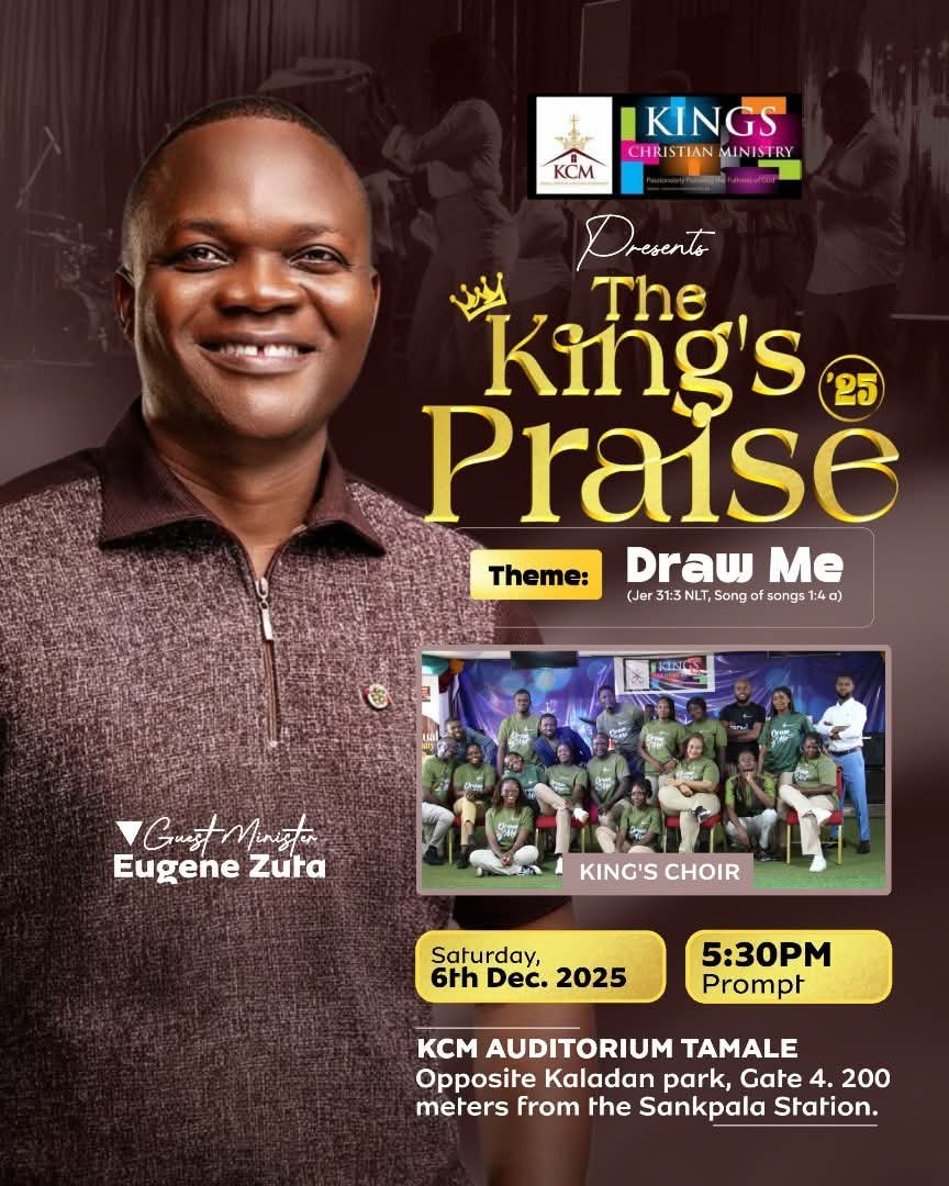 Join King’s Christian Ministry for The King’s Praise 2025 in Tamale on Saturday, 6th December at 5:30 PM. Experience an unforgettable night of worship themed “Draw Me” with guest minister Eugene Zuta and the King’s Choir. Don’t miss this powerful encounter with God’s presence.