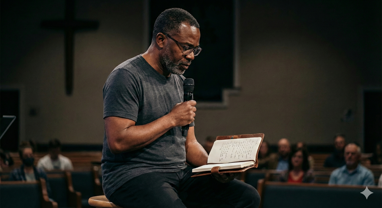 A Christian musician holding a microphone while reading lyrics with focus, signifying worship offered with understanding and intention. || Ghpraise.com