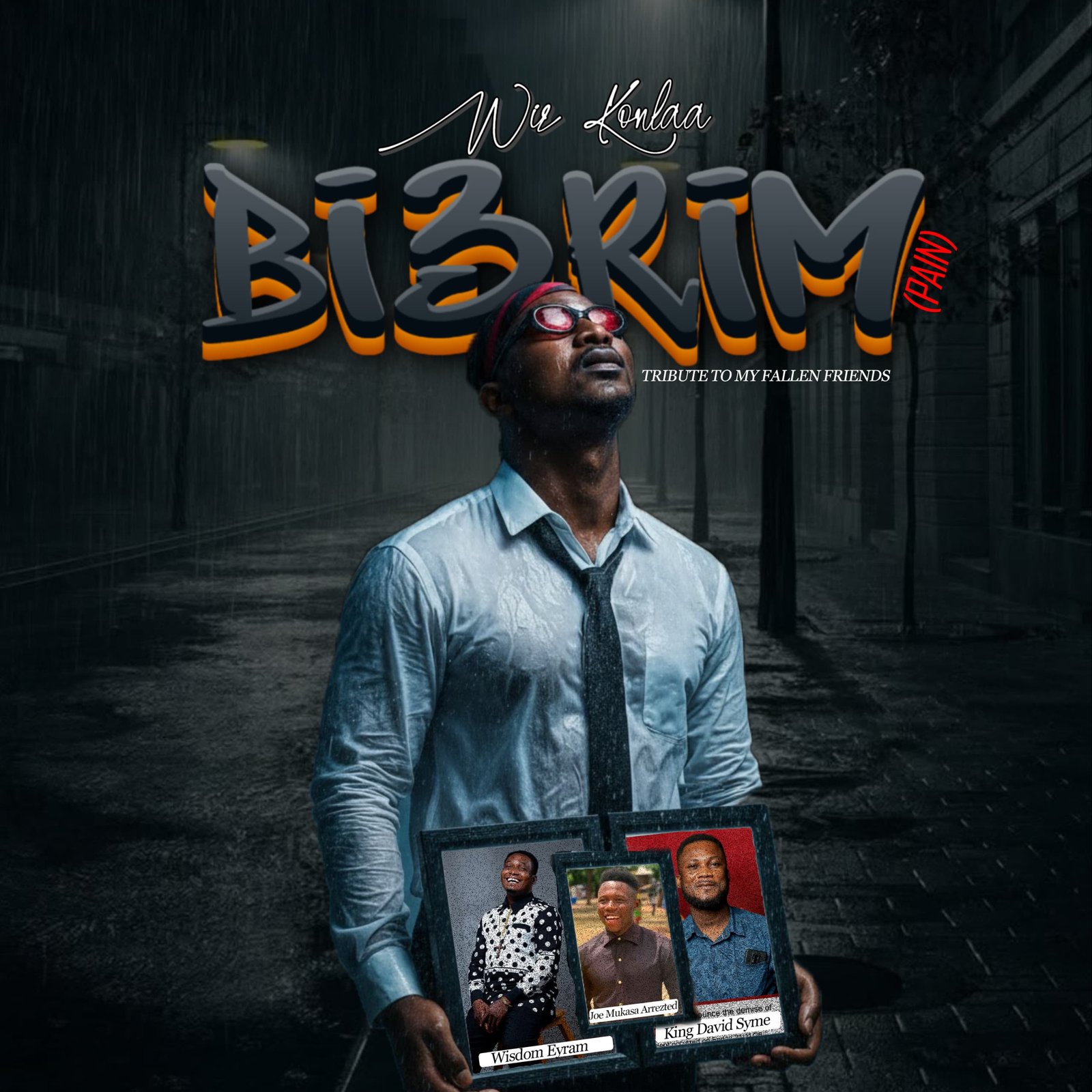 Cover art of BI3RIM Pain by Wisdom Konlaa, featuring a sombre design that symbolises grief, remembrance and hope, honouring fallen friends through gospel music.
